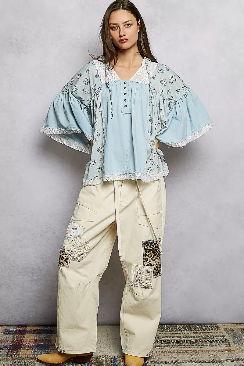 POL Double Gauze Floral Patch Blouse with Lace Detail - 