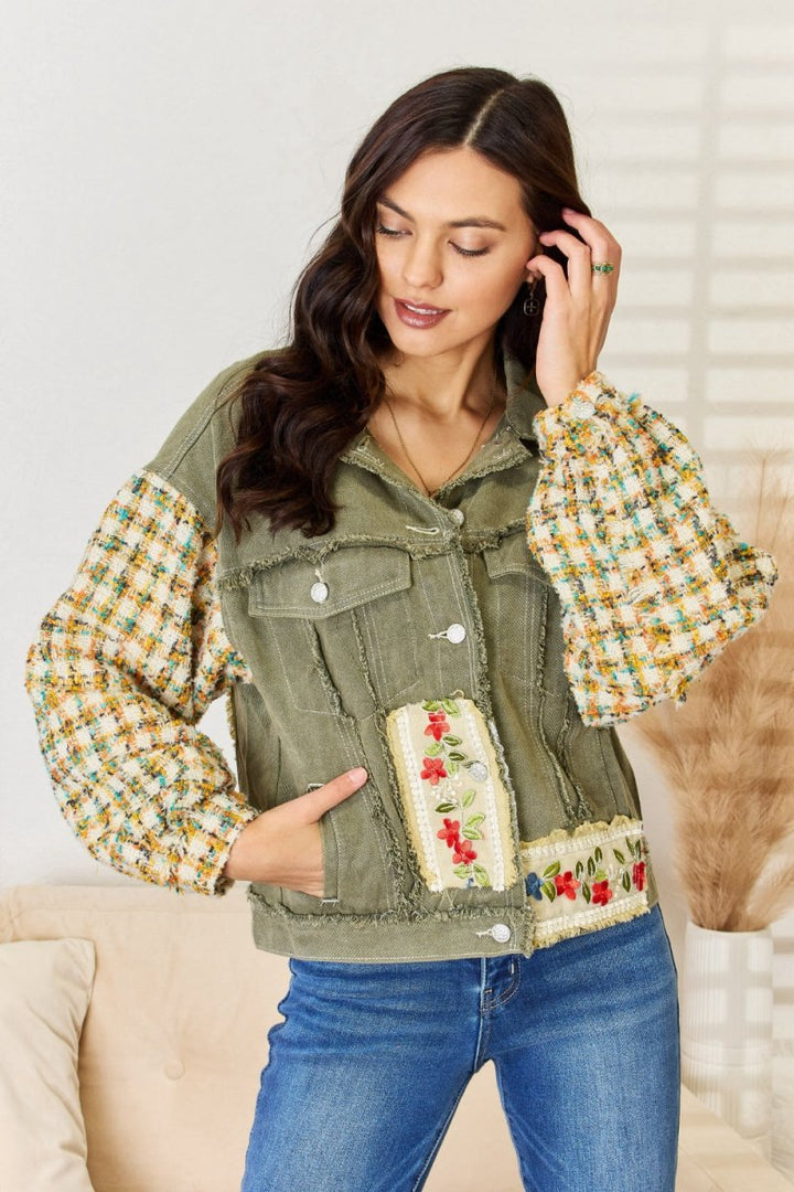 POL Embroidered Button Down Raw Hem Shacket - Outerwear