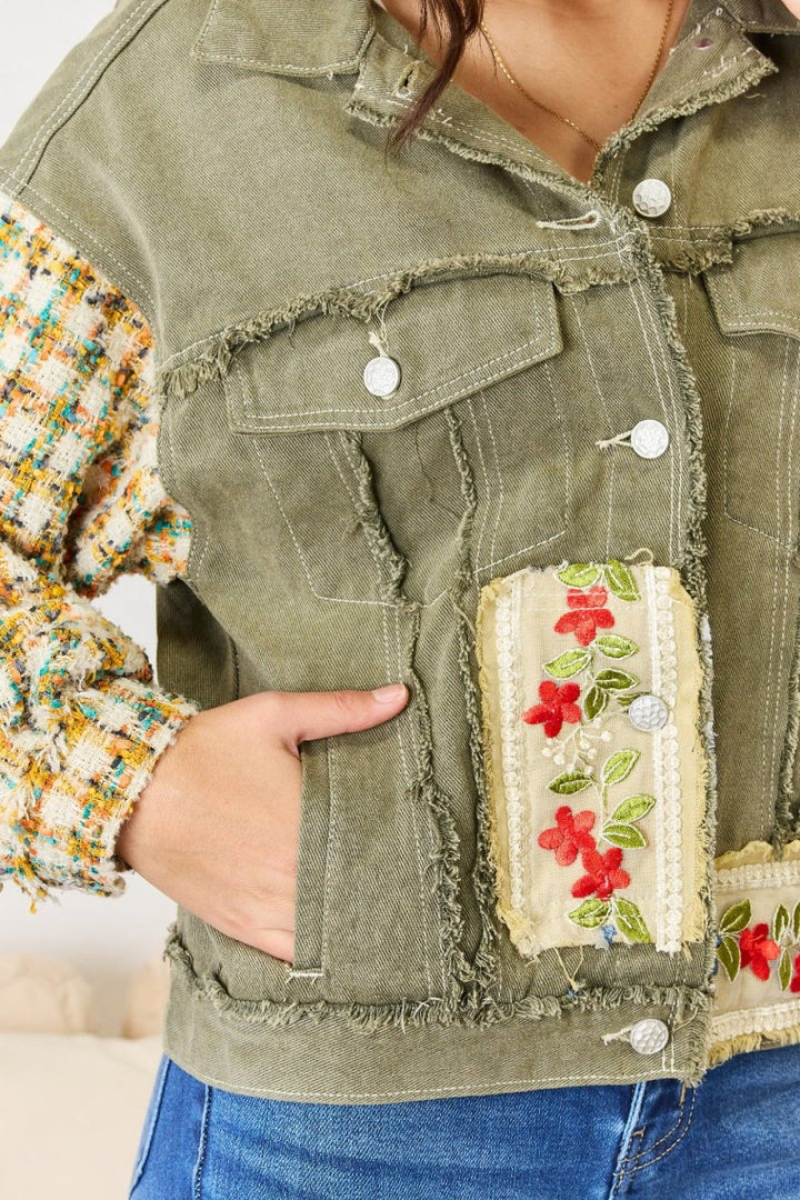 POL Embroidered Button Down Raw Hem Shacket - Outerwear