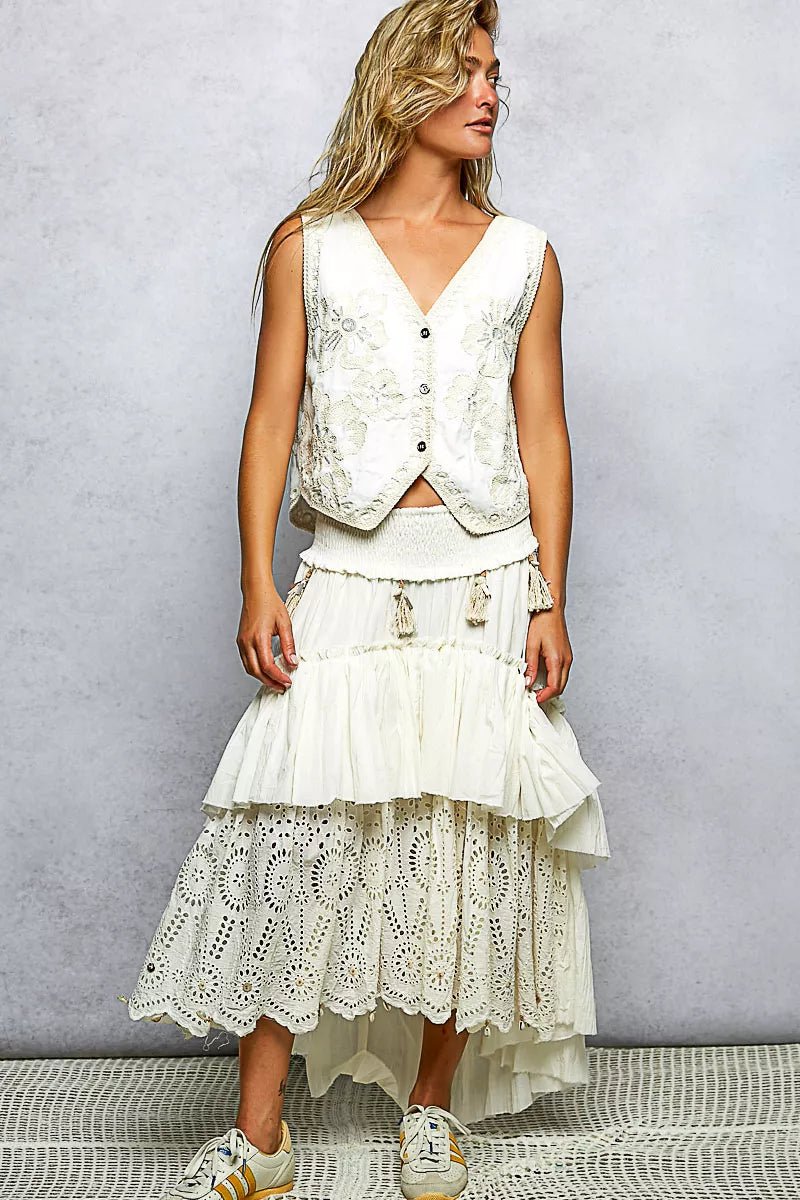 POL Embroidered Floral V - Neck Button Down Crochet Vest - 