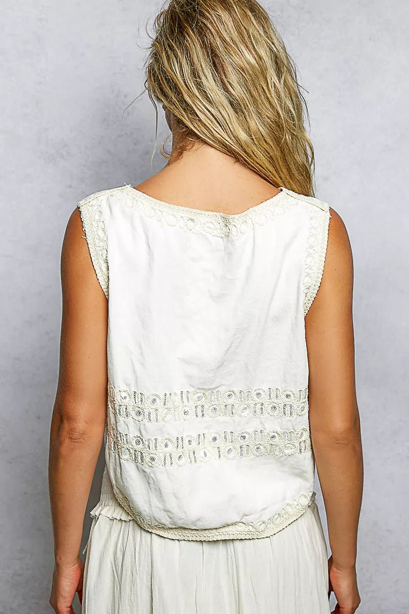 POL Embroidered Floral V - Neck Button Down Crochet Vest - 