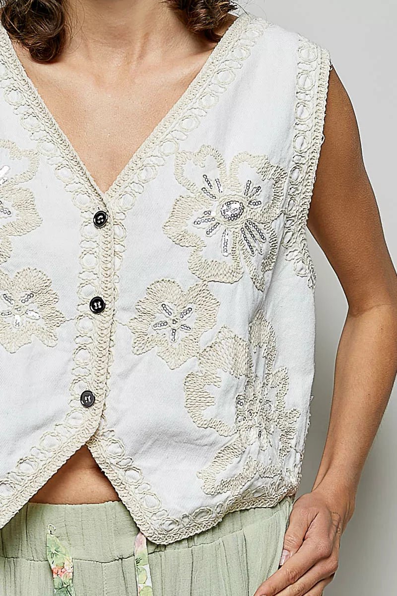 POL Embroidered Floral V - Neck Button Down Crochet Vest - 