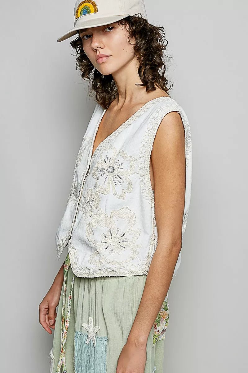POL Embroidered Floral V - Neck Button Down Crochet Vest - 