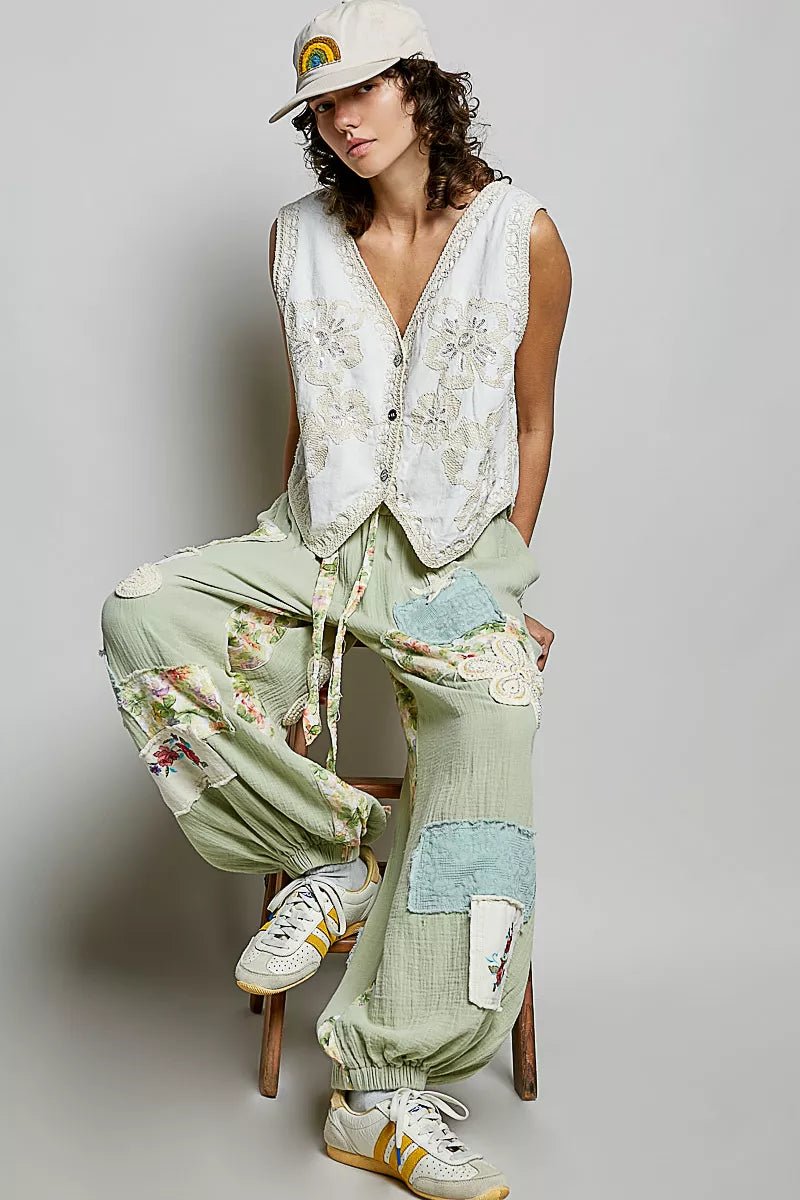 POL Embroidered Floral V - Neck Button Down Crochet Vest - 