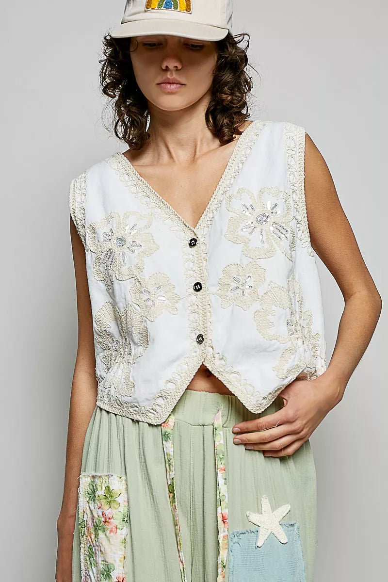 POL Embroidered Floral V - Neck Button Down Crochet Vest - 