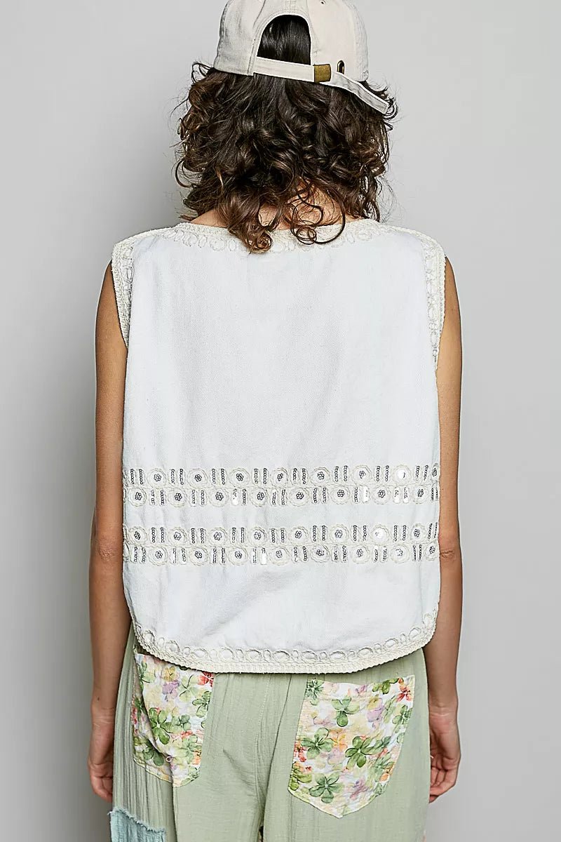 POL Embroidered Floral V - Neck Button Down Crochet Vest - 