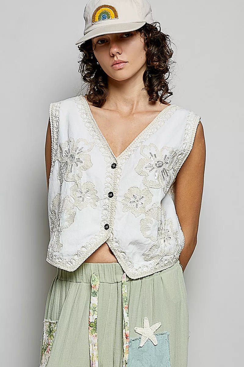 POL Embroidered Floral V - Neck Button Down Crochet Vest - 