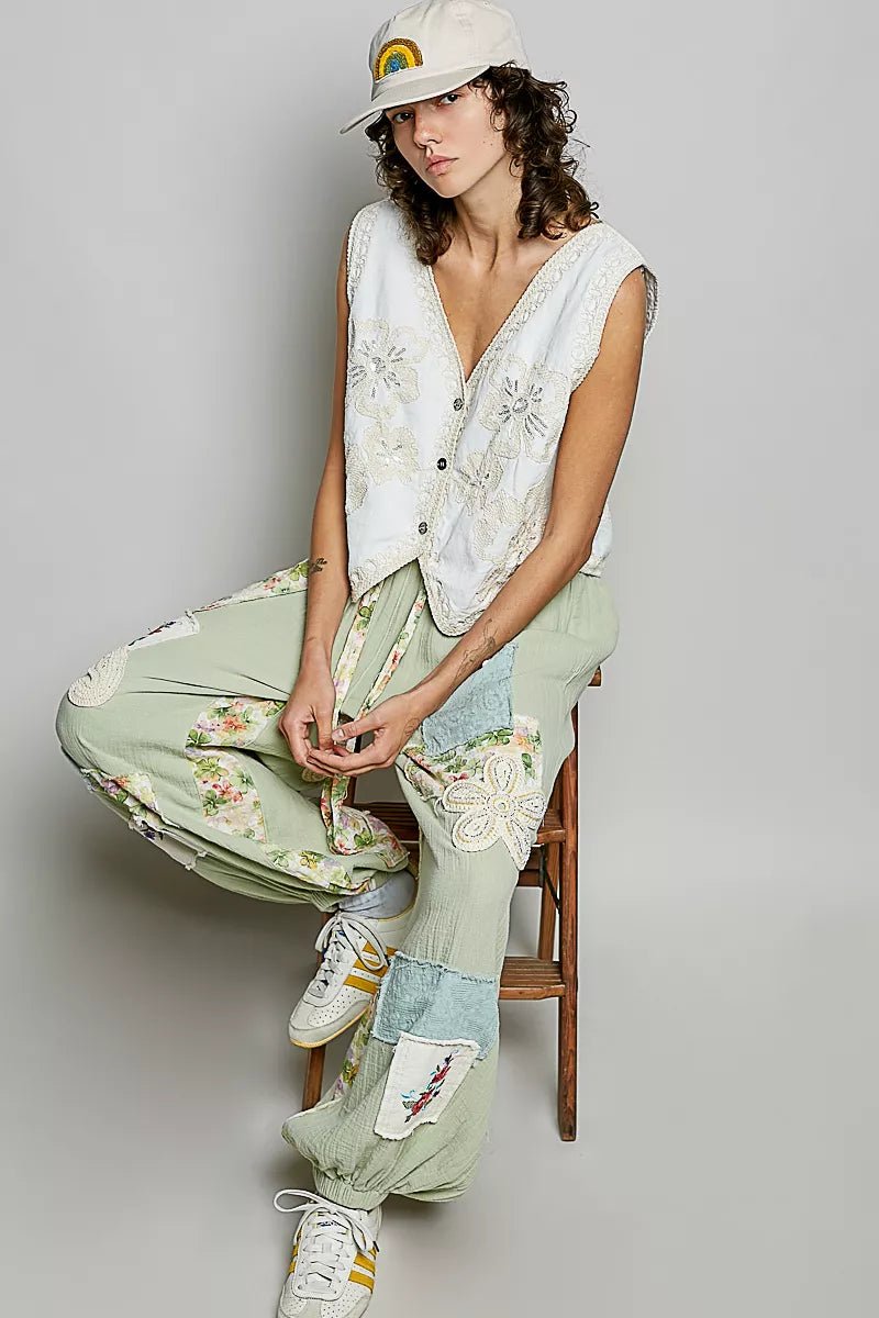 POL Embroidered Floral V - Neck Button Down Crochet Vest - 