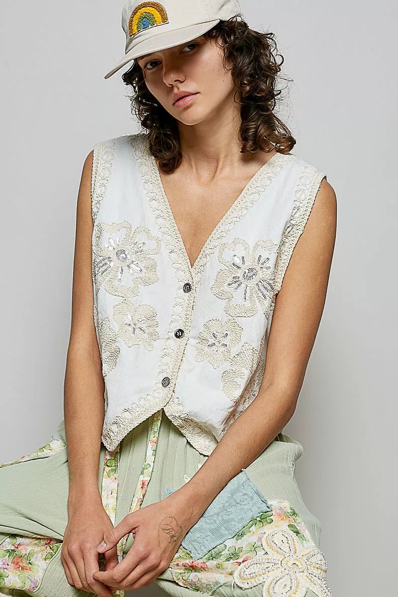 POL Embroidered Floral V - Neck Button Down Crochet Vest - 