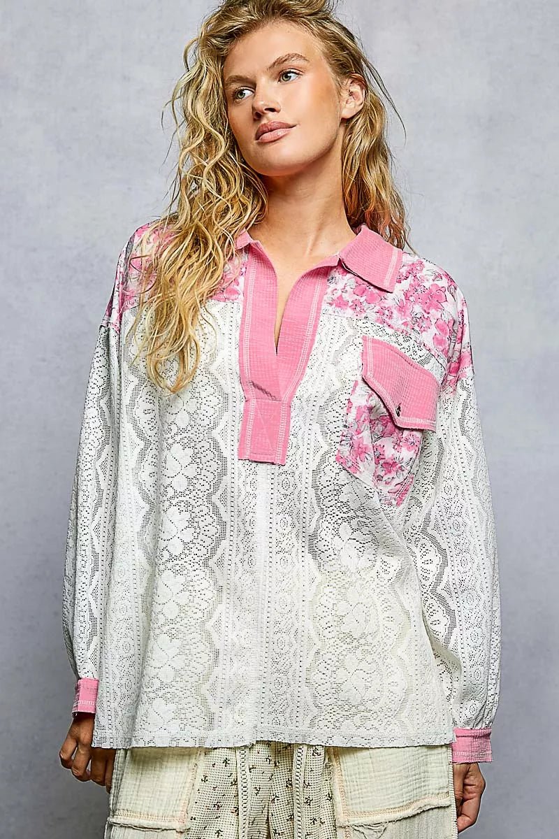 POL Floral Print Long Sleeve Lace Shirt with Front Pocket - 
