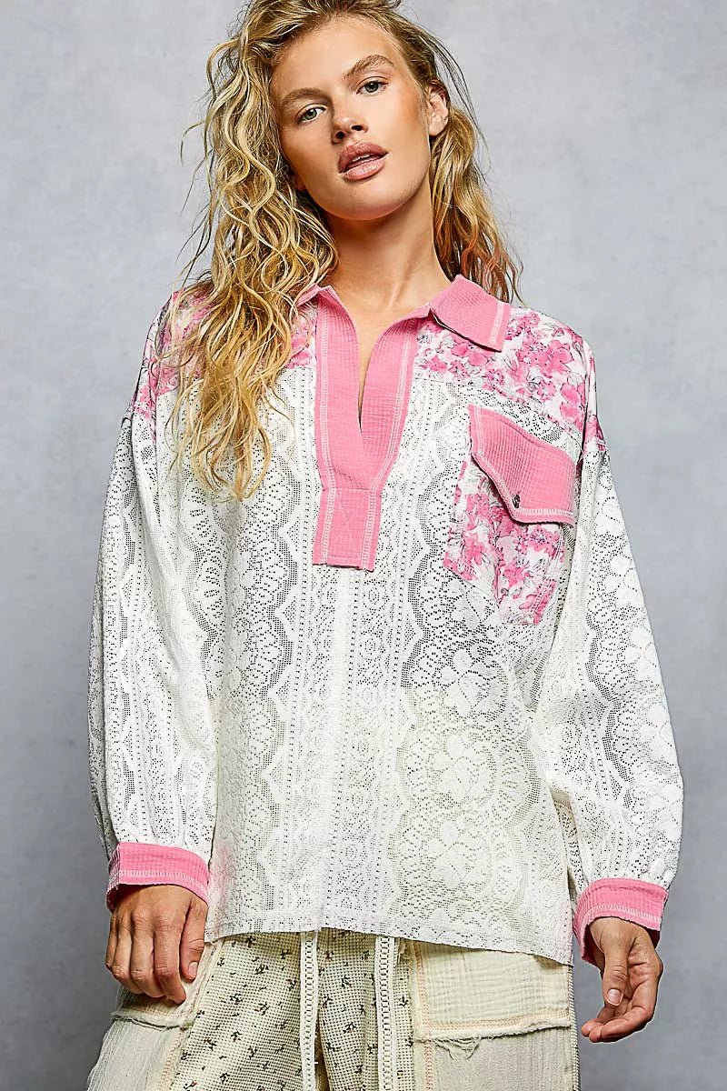 POL Floral Print Long Sleeve Lace Shirt with Front Pocket - 