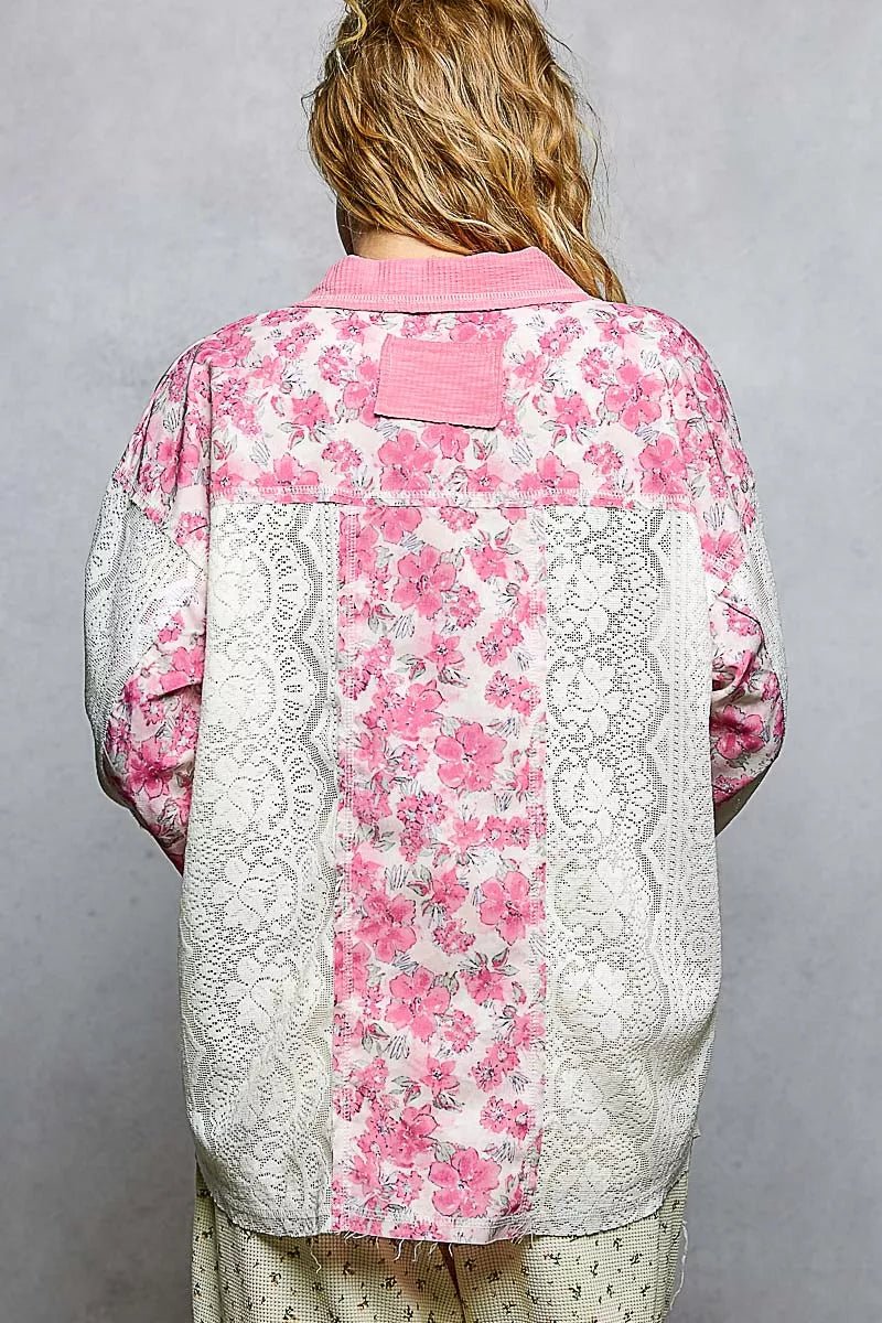 POL Floral Print Long Sleeve Lace Shirt with Front Pocket - 