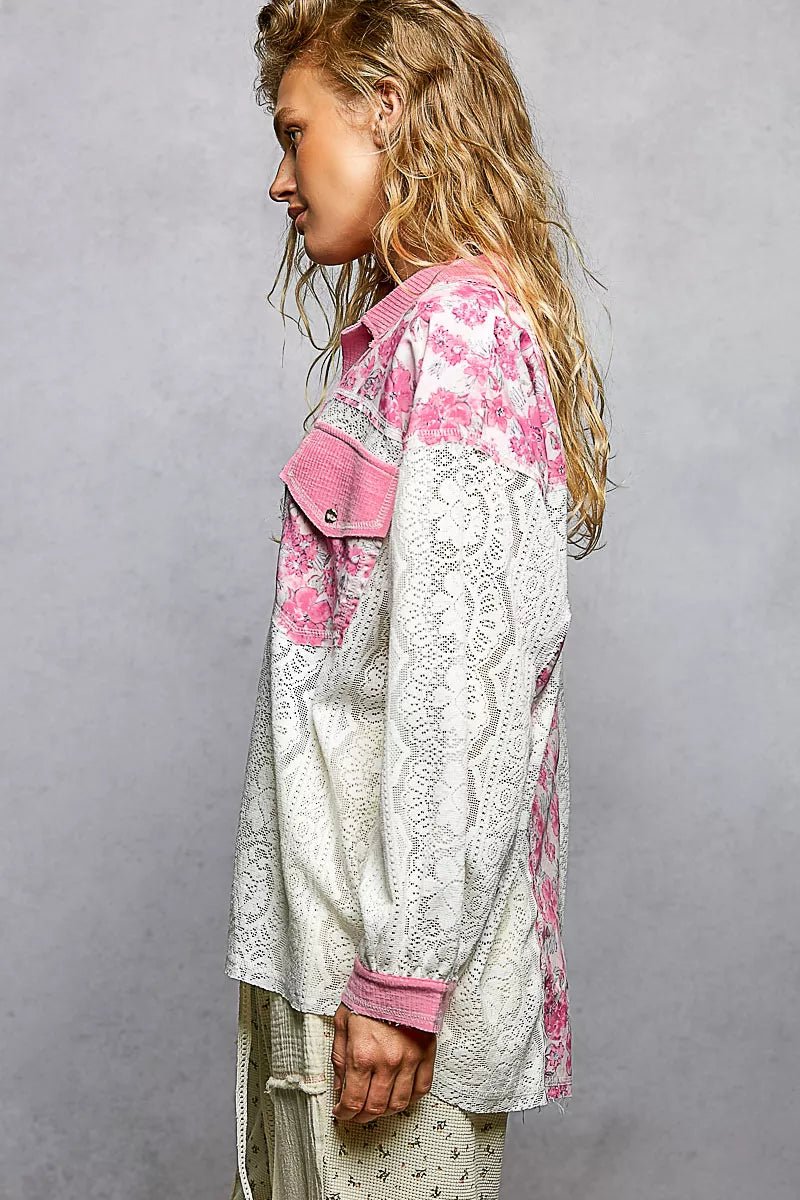 POL Floral Print Long Sleeve Lace Shirt with Front Pocket - 