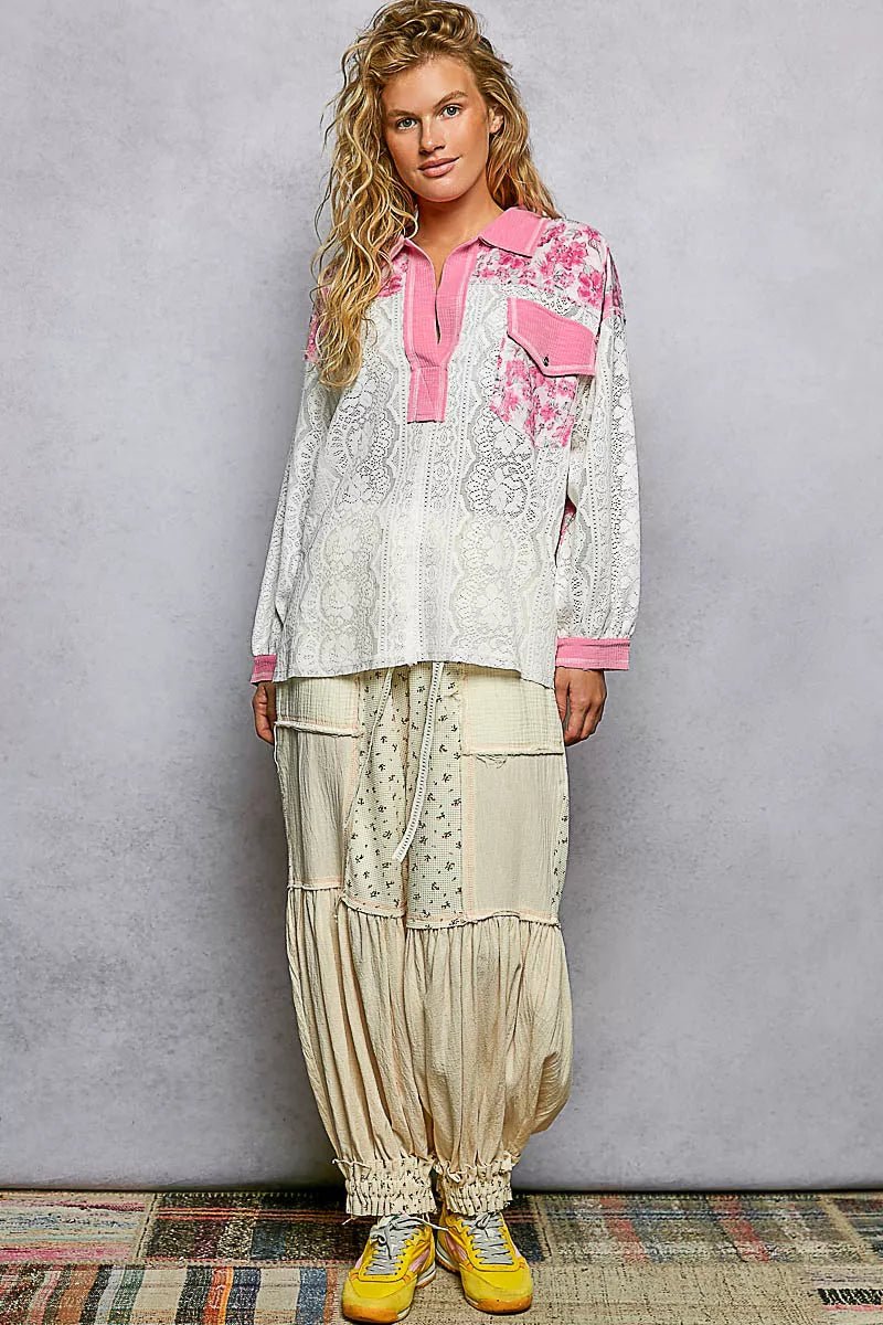 POL Floral Print Long Sleeve Lace Shirt with Front Pocket - 