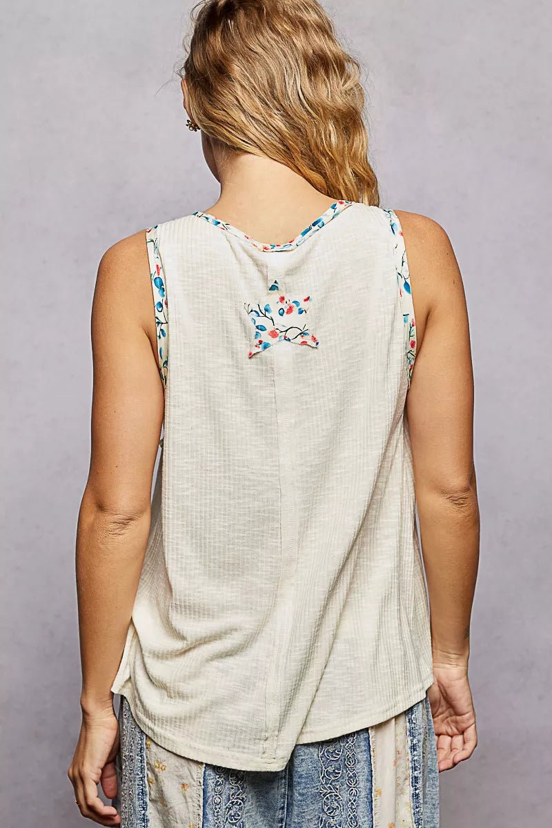 POL Floral Print Star Patch V - Neck Ribbed Tank - 