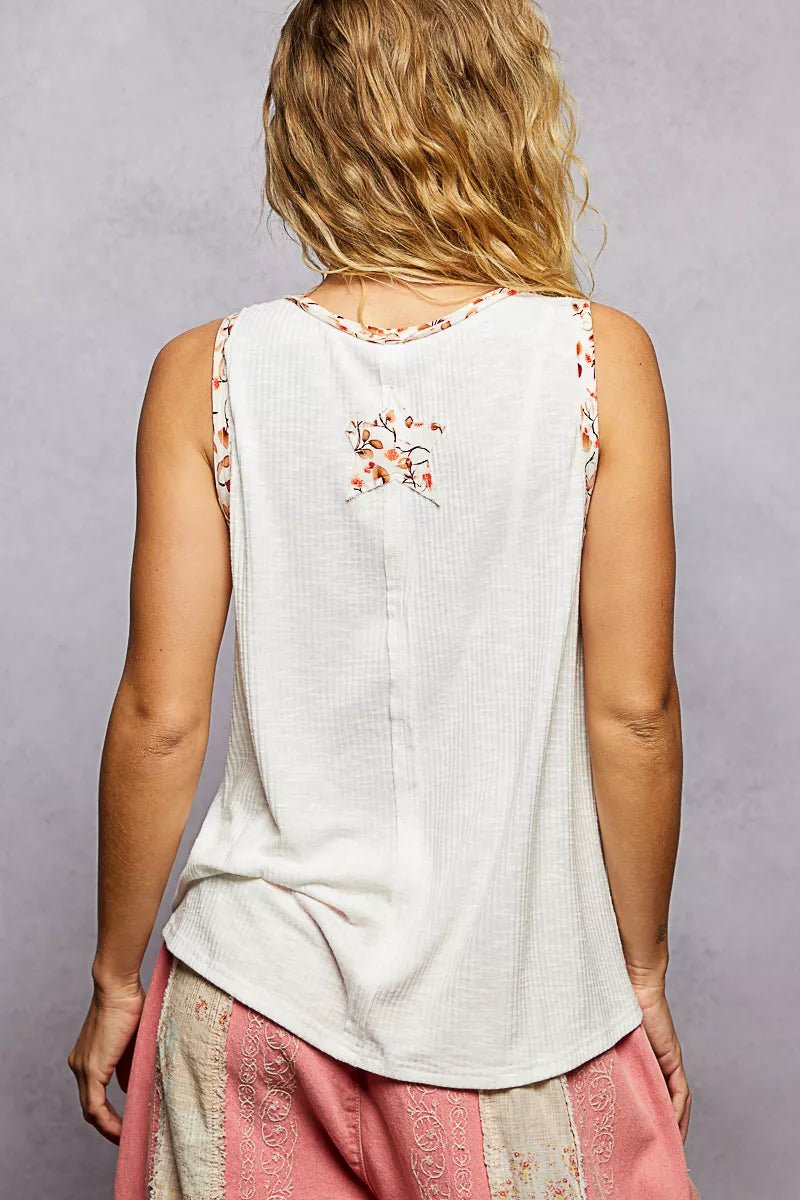POL Floral Print Star Patch V - Neck Ribbed Tank - 