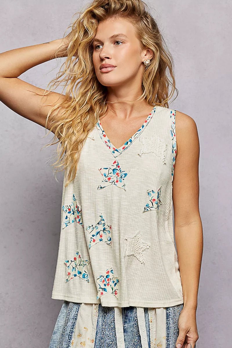 POL Floral Print Star Patch V - Neck Ribbed Tank - 
