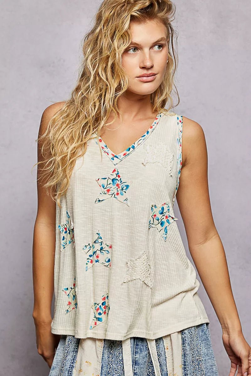 POL Floral Print Star Patch V - Neck Ribbed Tank - 