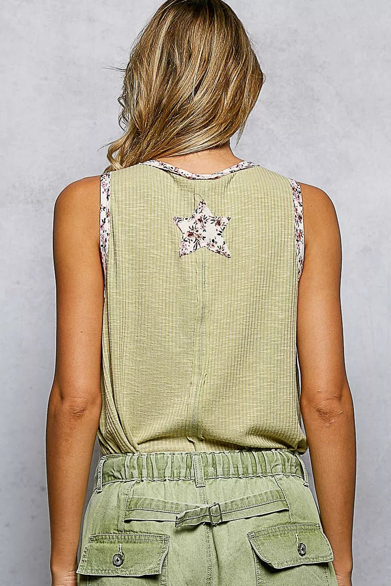 POL Floral Print Star Patch V - Neck Ribbed Tank - 