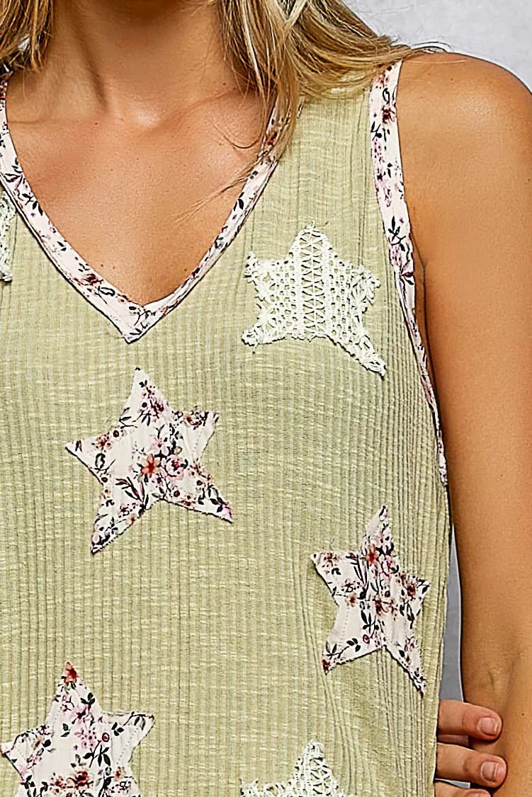 POL Floral Print Star Patch V - Neck Ribbed Tank - 