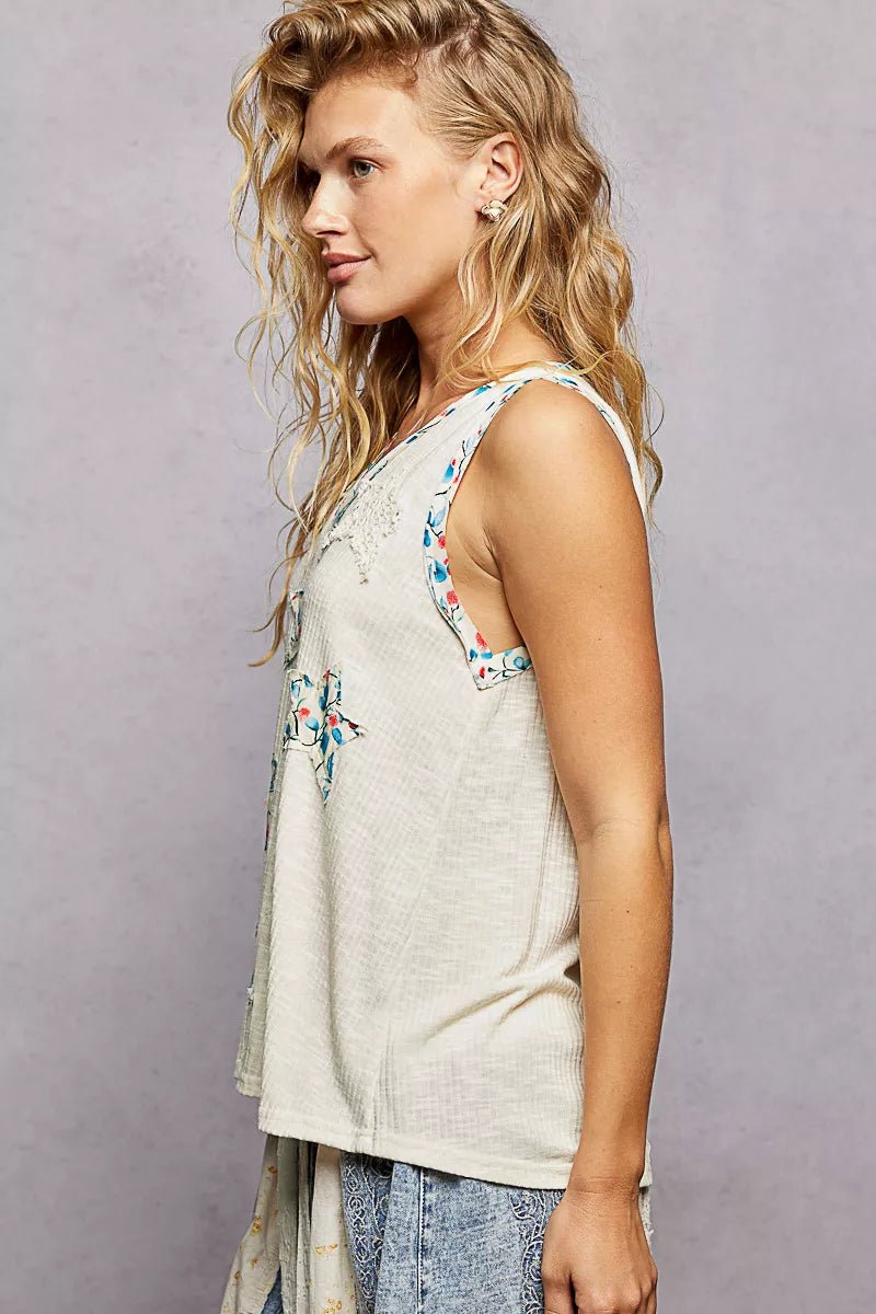 POL Floral Print Star Patch V - Neck Ribbed Tank - 