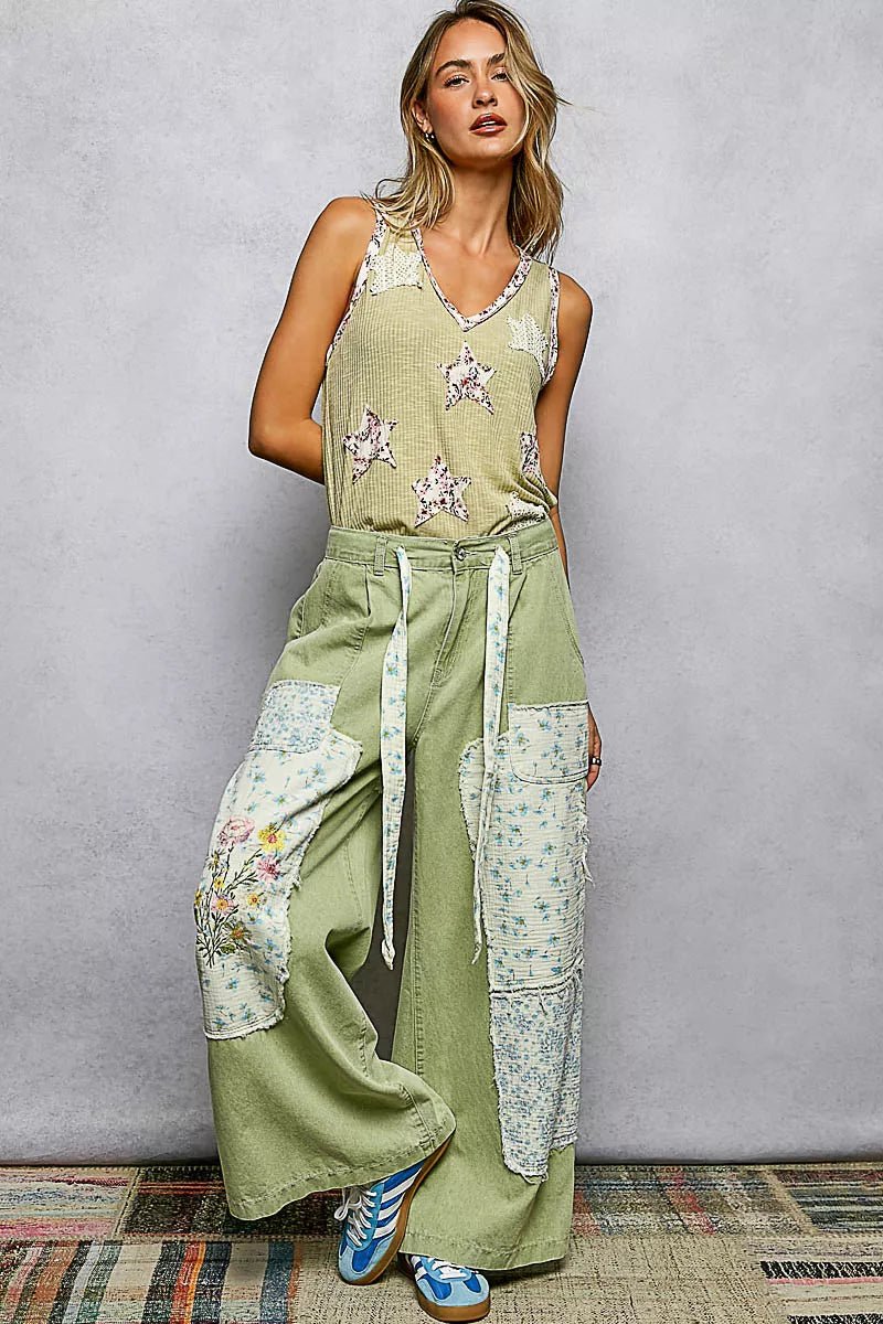 POL Floral Print Star Patch V - Neck Ribbed Tank - 