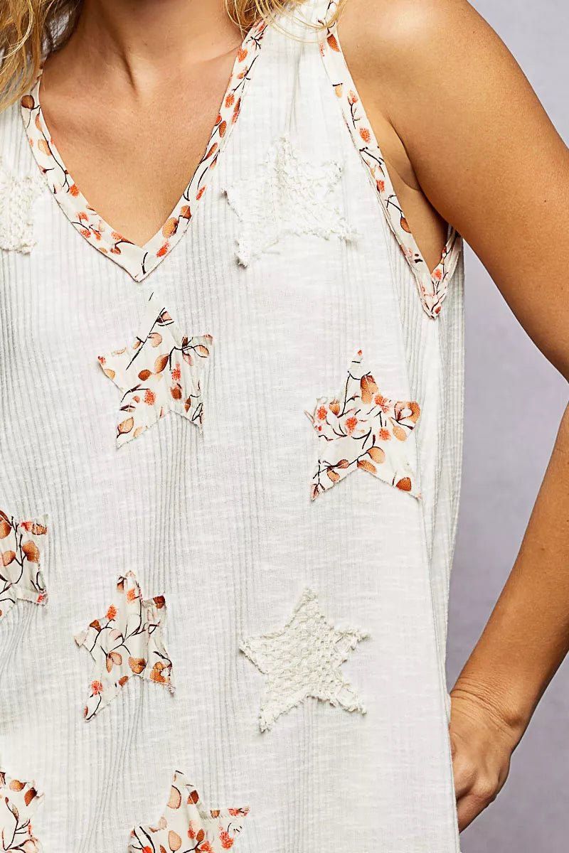 POL Floral Print Star Patch V - Neck Ribbed Tank - 