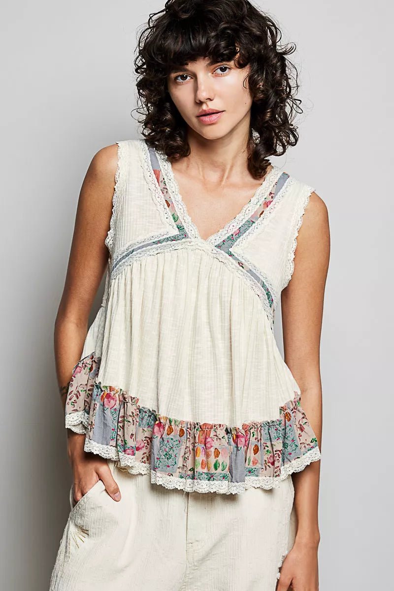 POL Lace Detail Ruffled Ribbed Sleeveless Top with Floral Pattern Trim Detail - 