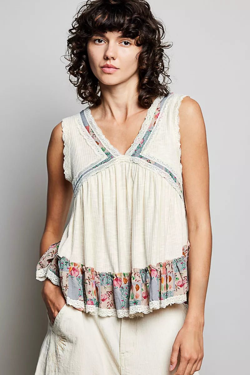 POL Lace Detail Ruffled Ribbed Sleeveless Top with Floral Pattern Trim Detail - 