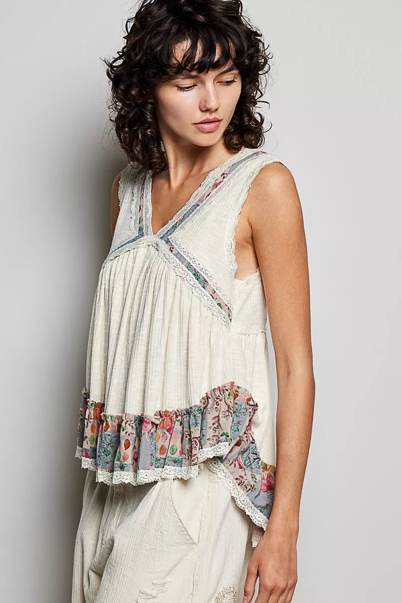 POL Lace Detail Ruffled Ribbed Sleeveless Top with Floral Pattern Trim Detail - 
