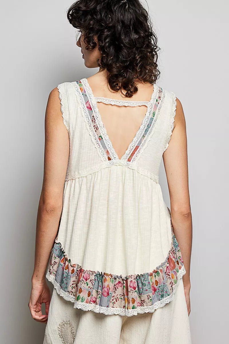 POL Lace Detail Ruffled Ribbed Sleeveless Top with Floral Pattern Trim Detail - 