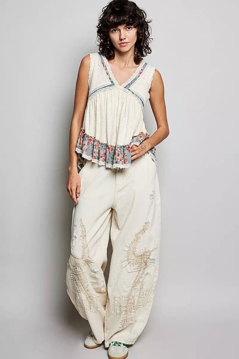 POL Lace Detail Ruffled Ribbed Sleeveless Top with Floral Pattern Trim Detail - 