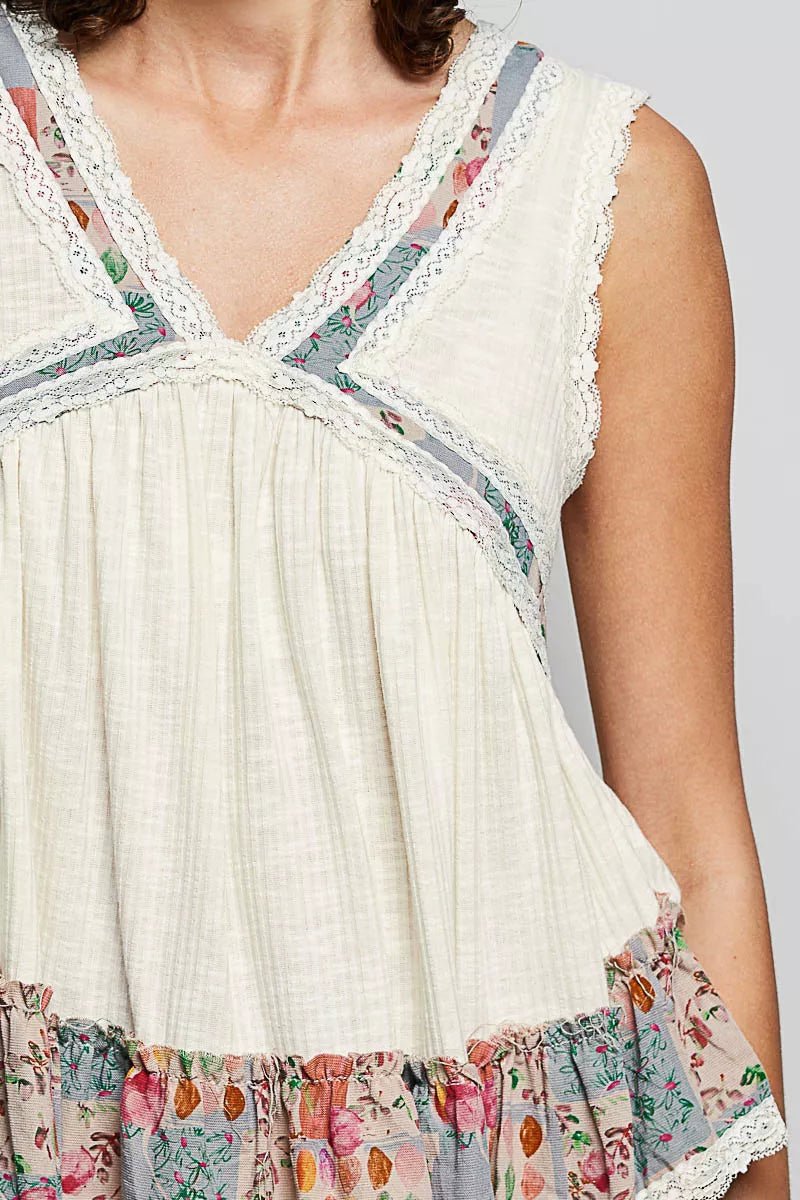 POL Lace Detail Ruffled Ribbed Sleeveless Top with Floral Pattern Trim Detail - 