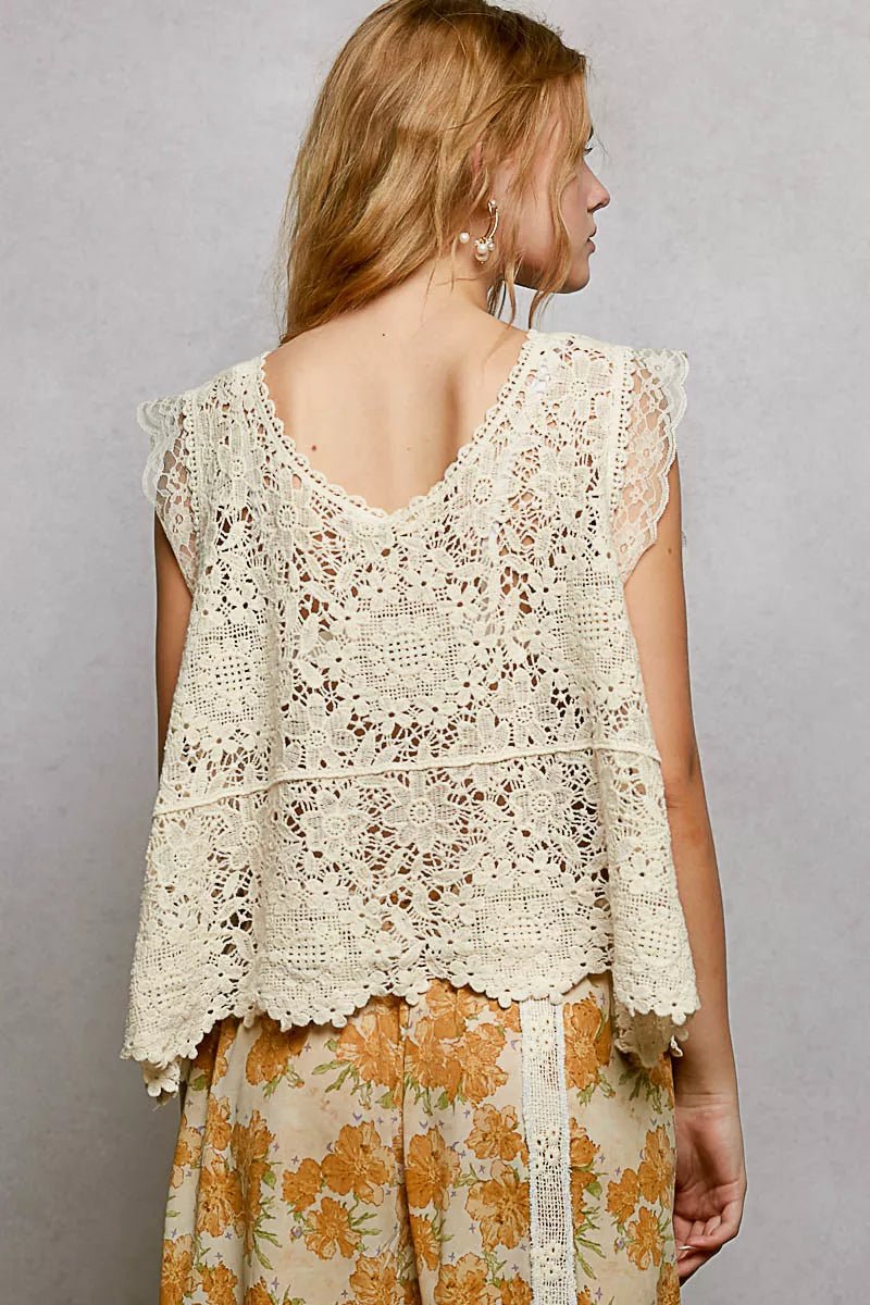 POL Lace Trim Openwork V - Neck Crochet Tank with Scalloped Edge - 