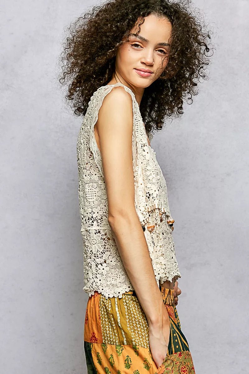POL Lace Trim Openwork V - Neck Crochet Tank with Scalloped Edge - 