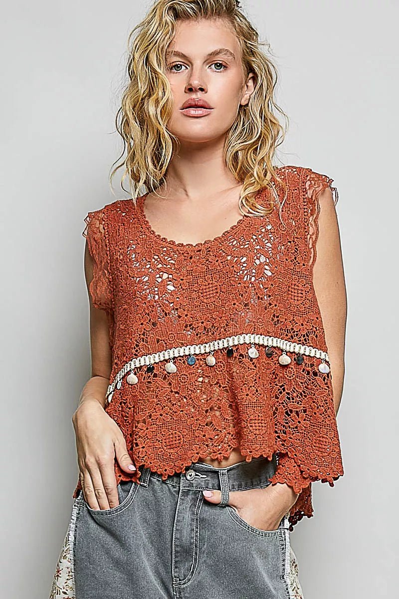 POL Lace Trim Openwork V - Neck Crochet Tank with Scalloped Edge - 