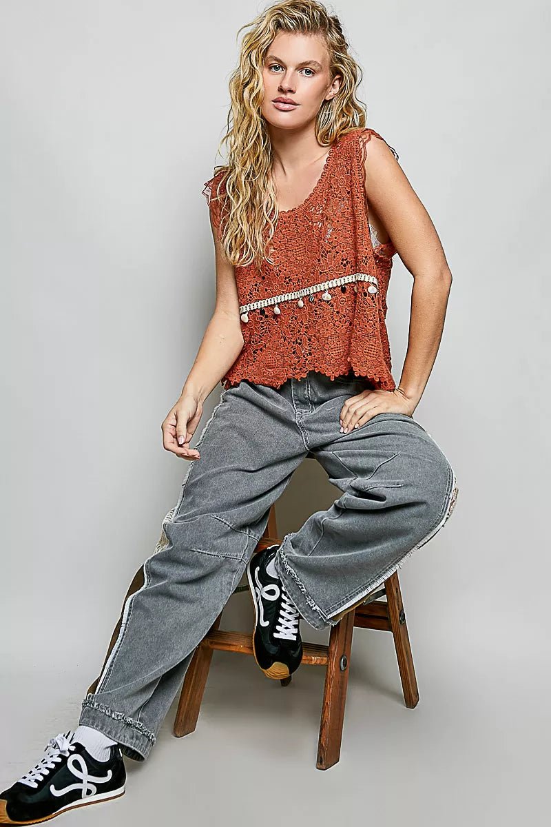 POL Lace Trim Openwork V - Neck Crochet Tank with Scalloped Edge - 
