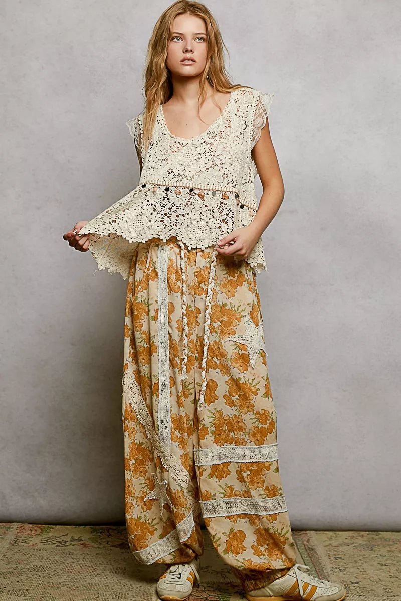 POL Lace Trim Openwork V - Neck Crochet Tank with Scalloped Edge - 