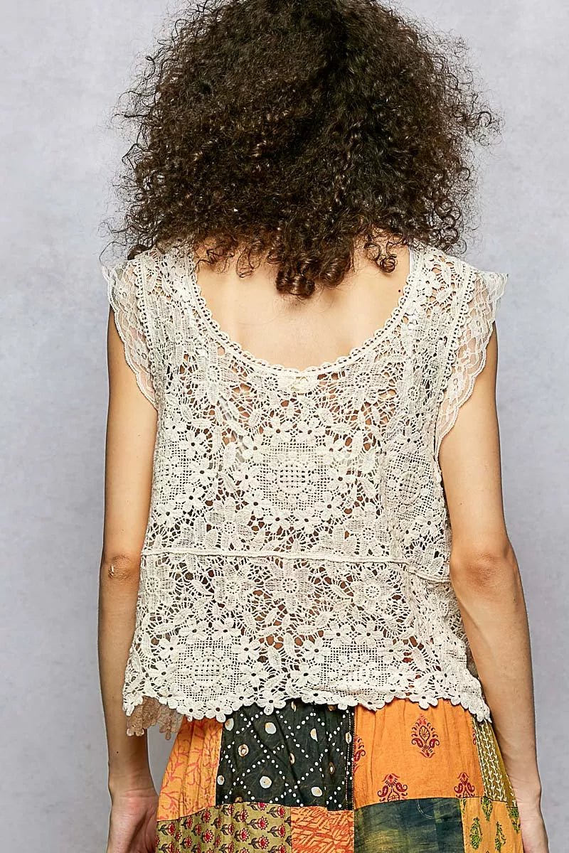POL Lace Trim Openwork V - Neck Crochet Tank with Scalloped Edge - 
