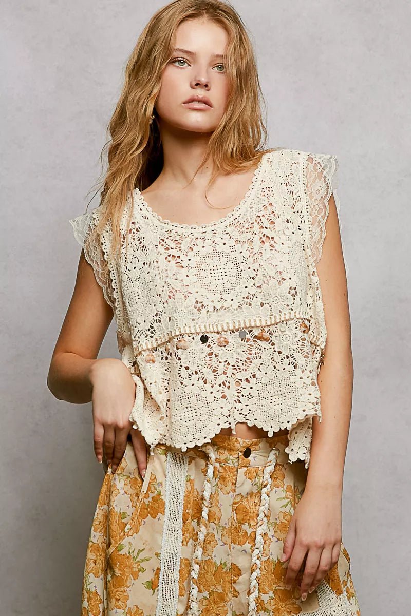 POL Lace Trim Openwork V - Neck Crochet Tank with Scalloped Edge - 