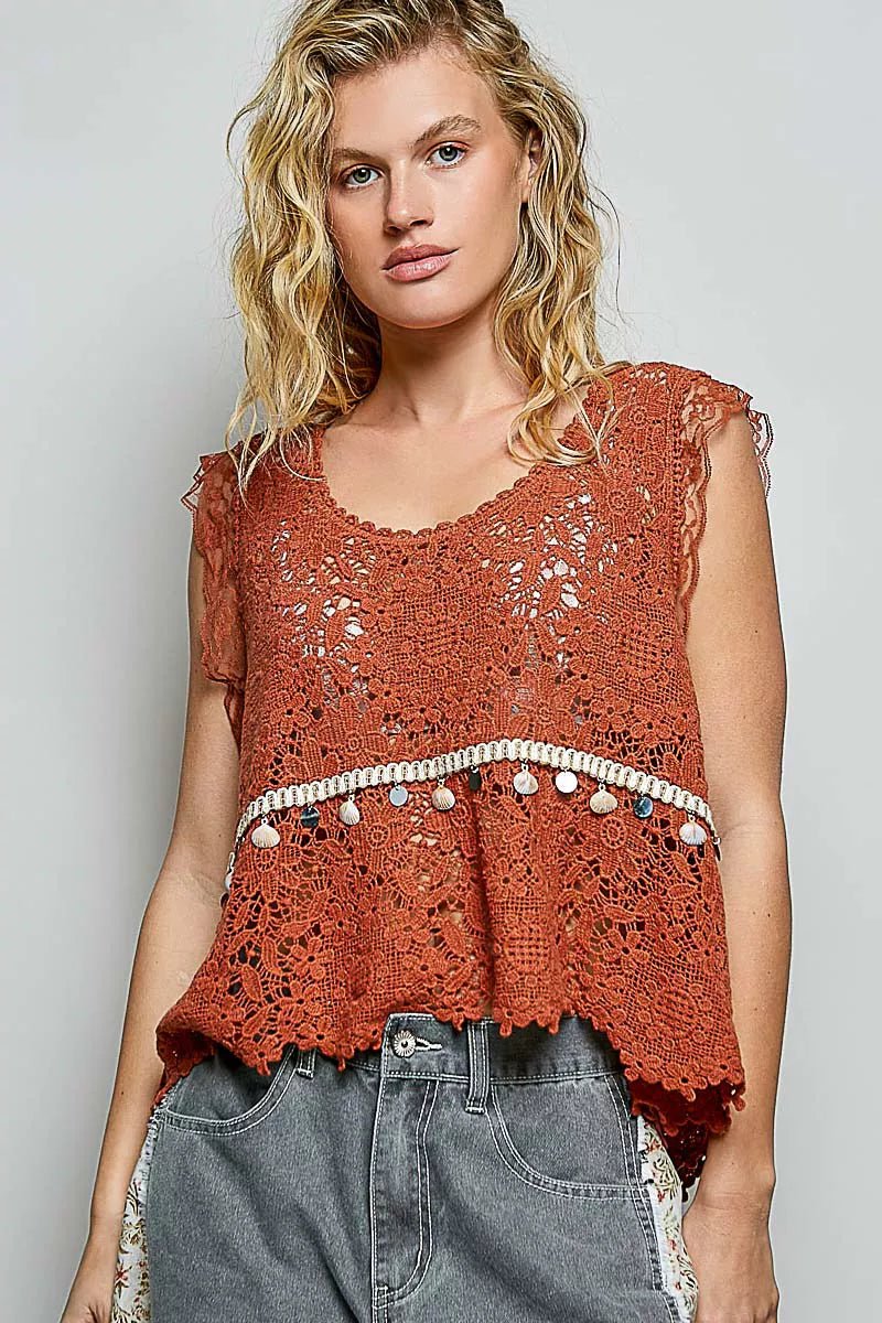 POL Lace Trim Openwork V - Neck Crochet Tank with Scalloped Edge - 
