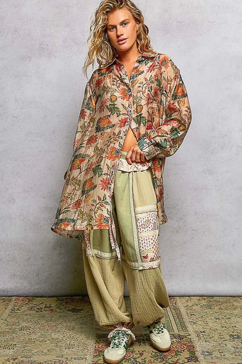 POL Metal Button Down Floral Long Sleeve Shirt - 