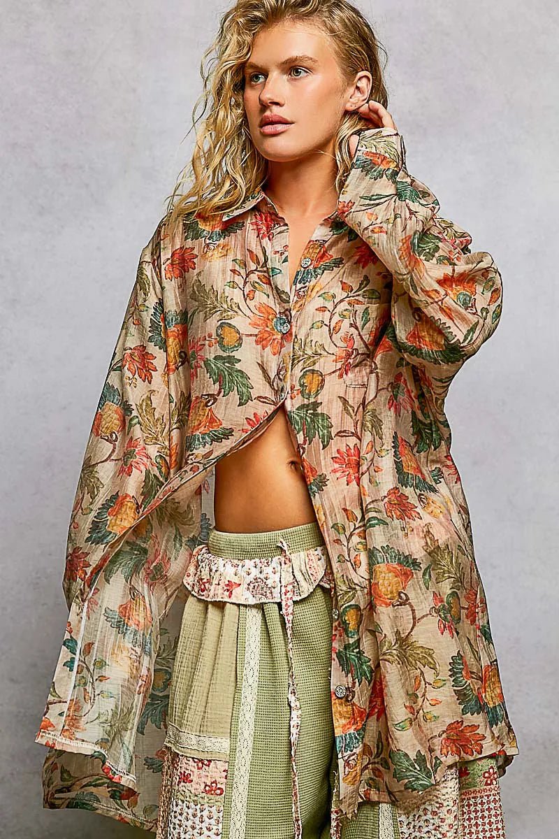 POL Metal Button Down Floral Long Sleeve Shirt - 