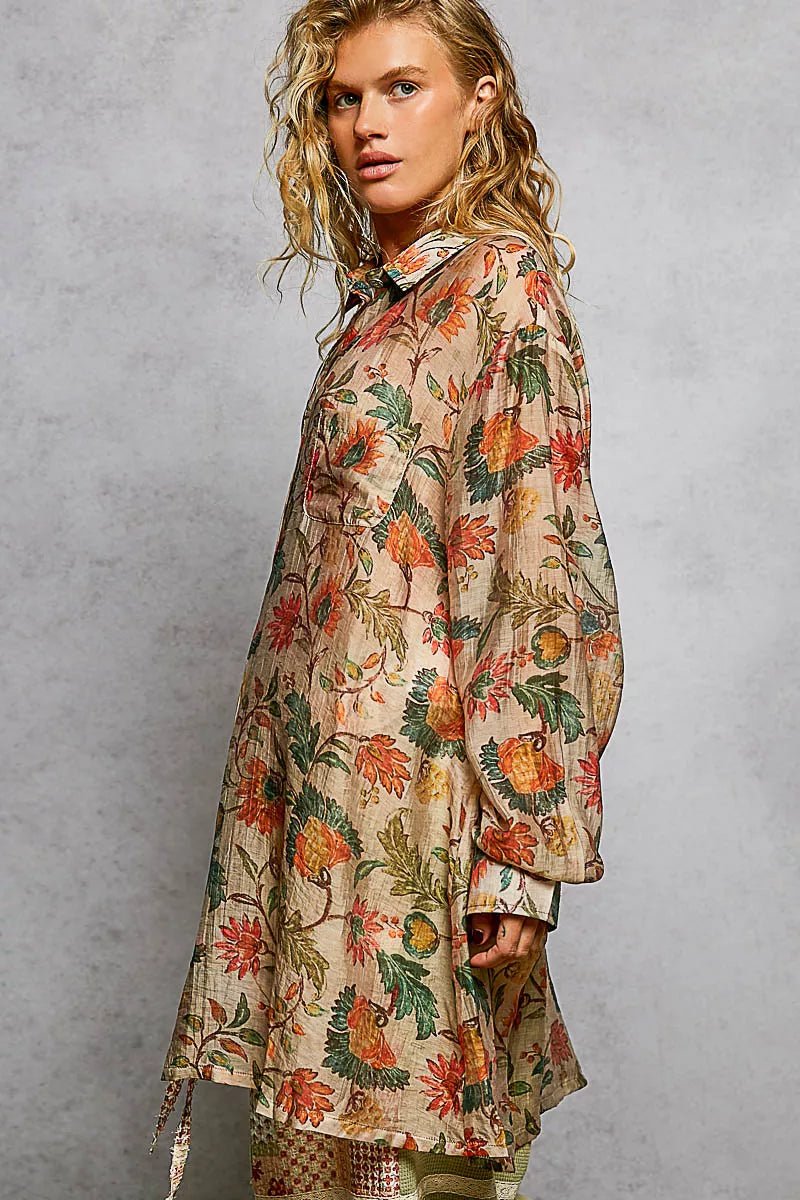 POL Metal Button Down Floral Long Sleeve Shirt - 