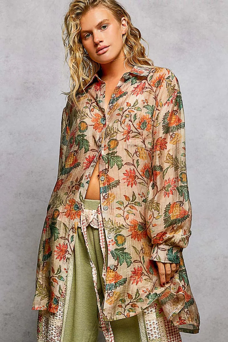 POL Metal Button Down Floral Long Sleeve Shirt - 