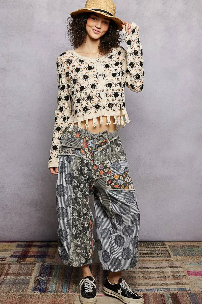 POL Openwork Floral Crochet Cardigan with Tassel Hem - 