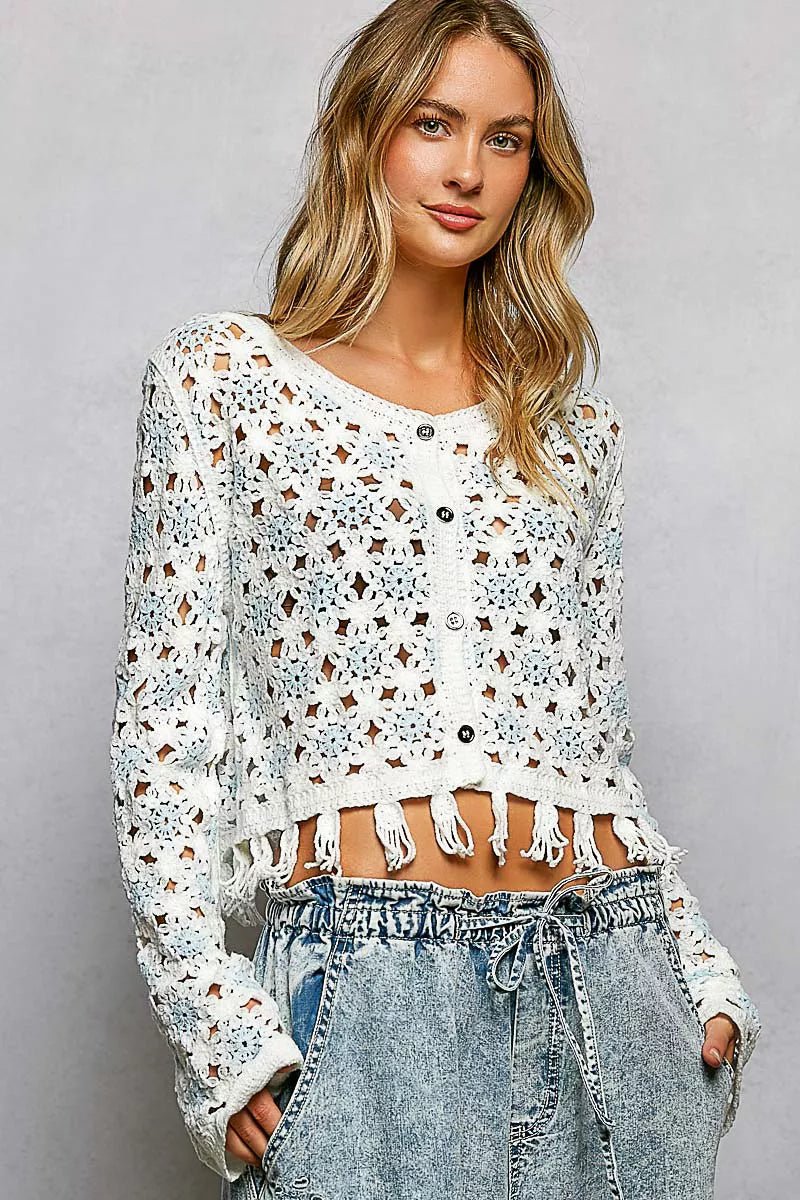 POL Openwork Floral Crochet Cardigan with Tassel Hem - 