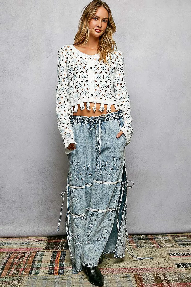 POL Openwork Floral Crochet Cardigan with Tassel Hem - 
