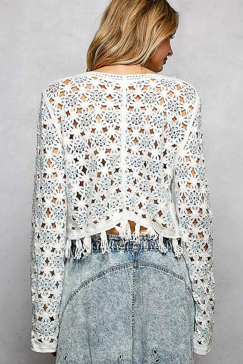 POL Openwork Floral Crochet Cardigan with Tassel Hem - 
