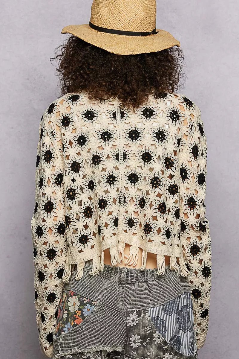 POL Openwork Floral Crochet Cardigan with Tassel Hem - 